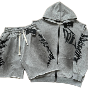 Luxe MIXED EMOTION Sudadera con Capucha de Forro Polar Transpirable con Estampado Desgastado para Verano, Diseño 2 en 1, Conjunto Casual de Pantalones Cortos para Hombre y Mujer - Product Image 1