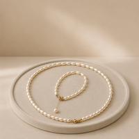 Parure de bijoux Quinceañera en perles : collier, bracelet, boucles d'oreilles en perles de riz d'eau douce 7-8 mm, argent 925, pour jeunes filles, vente en gros