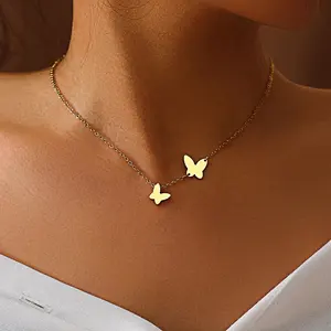 Hot Statement Gold Choker Edelstahl Doppel herz Schmetterling Anhänger Halskette für Frauen Nicht trüben Stahl Schmetterling Halskette