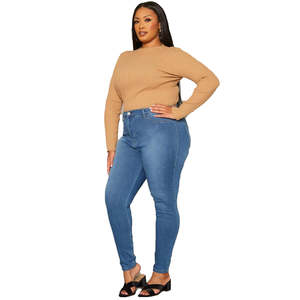 Free Shipping USA-Women's Plus <b>Size</b> Vintage Mid-Waist Skinny Fit <b>Jeans</b> Full-Length Washed Denim Blue Pants for Ladies - Product Image 5