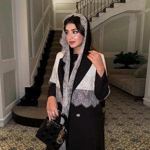 Nouvelle Abaya Islamique pour Femmes Noir Blanc Dentelle Bordure Blazer-Style Abaya avec <span class=keywords><strong>Hijab</strong></span> Robe de Soirée Formelle Islamique - Product Image 4