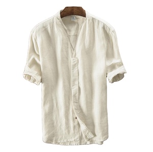 Mens Collo Alla Coreana 100% di <span class=keywords><strong>Lino</strong></span> Ultimo Disegno Mezza Manica Della <span class=keywords><strong>Camicia</strong></span> - Product Image 2