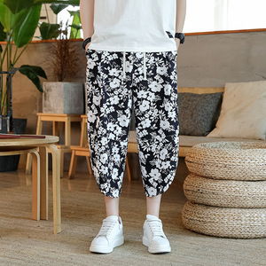 Pantalones Capri Vintage de verano para <span class=keywords><strong>hombre</strong></span>, <span class=keywords><strong>bombachos</strong></span> holgados de estilo chino que combinan con todo, de gran tamaño de cintura elástica <span class=keywords><strong>bombachos</strong></span>, flores sólidas, informales, florales - Product Image 3
