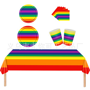 Rainbow Party Supplies Kit <b>Disposable</b> <b>Tablecloth</b> Plates Cups Napkins Cutlery Set For Birthday Celebration Children's Theme Party - Product Image 1