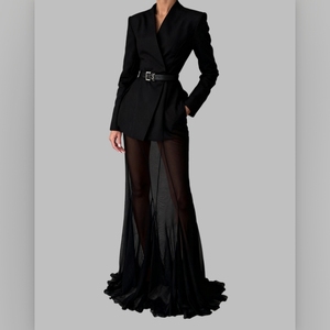 Conjunto de 2 Piezas para Mujer: Top de Satén de Manga Larga y Falda Holgada de Malla Elástica - Product Image 1