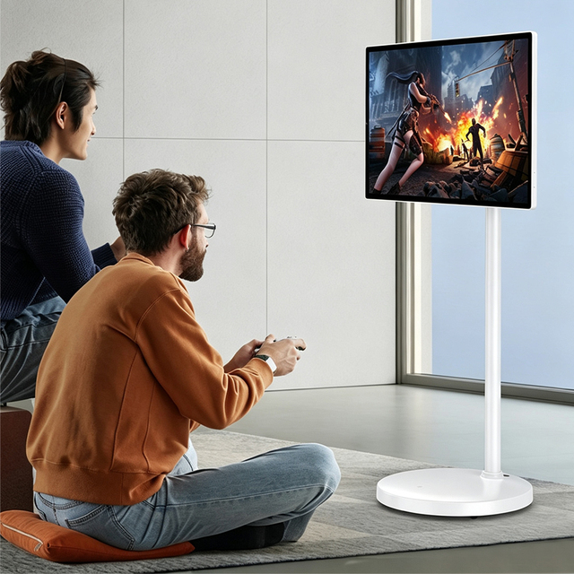 Smart 22" White Full HD LCD TV Monitor 60Hz Portable Touch Screen Android Built-in Battery Stand Classroom Conference