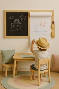 Tablero de actividades de pared de madera inspirado en Montessori, <span class=keywords><strong>pizarra</strong></span> y rollo de papel, estación de dibujo para niños, otros muebles para niños - Product Image 3