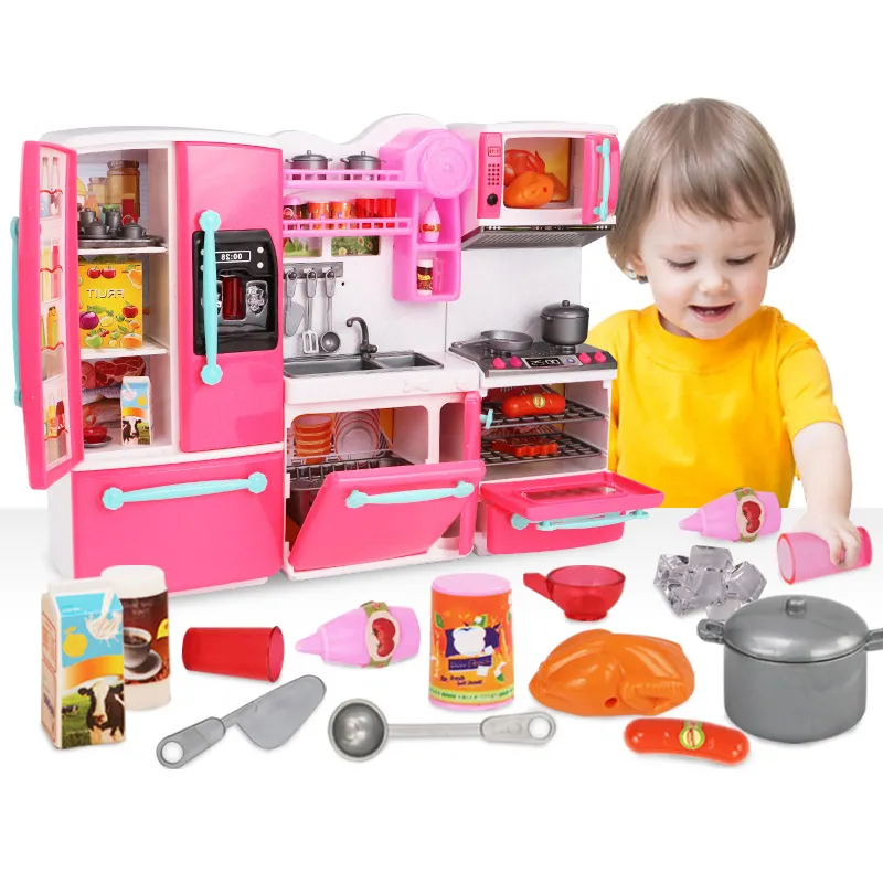 Beliebte Kinder Kochs piel Spielzeug Set Haushalts geräte Pretend Play Küchen spielzeug Kinder Jungen glücklich Küchen schrank für Kinder