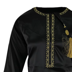 Abaya Traditionnelle Arabe Musulmane Personnalisable en Satin Noir pour Filles, Broderie Dorée, Pompon sur l'Épaule, Élégante Robe <span class=keywords><strong>de</strong></span> Prière Islamique - Product Image 3