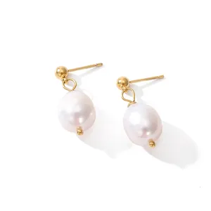 Boucles d'oreilles pendantes en acier inoxydable EManco, style minimaliste avec éléments de perles baroques, idéales pour le quotidien et le dropshipping chic - Product Image 6