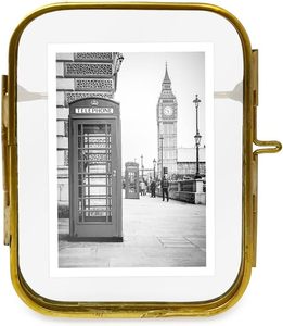 Vintage Style, Round-Edged Brass & Glass Metal Floating Picture <b>Frame</b> with Locket Closure (Vertical), Made for Tabletop Display - Product Image 1