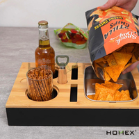 Plateau de service de bureau en bambou avec porte-gobelets, conteneur à collation amovible en métal, organisateur multifonctionnel pour boissons et aliments pour la maison et le bar
