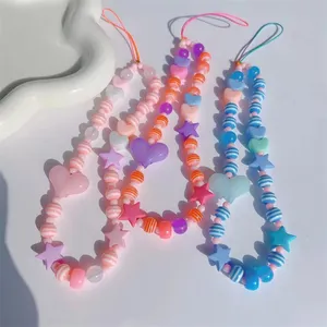 2022 Boho Romantic Charm Colorful Five-Pointed Stars Heart-Shaped Striped Beads Mobile Phone Strap Women's Lanyard Jewelry Chain