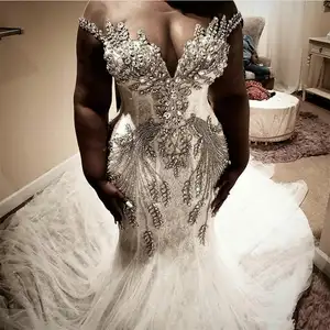 FA262 South African Mermaid Wedding Dresses Plus Size Sheer Neck Beaded Crystals Bridal Gowns Robes Custom Made