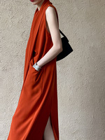 Robe de soirée longue haut de gamme rouge sans manches à col en V, coupe irrégulière et amincissante, pour femme - Vente en gros