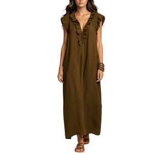 Vestido Maxi Boho con Volantes, Cuello en V Profundo, Sin Mangas, Corte Holgado, Color Sólido, Vestido Casual de Verano para Mujer - Product Image 1