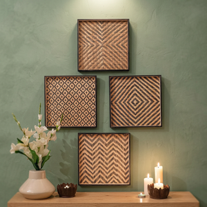 Set 4 <b>Square</b> Framed Woven Wall Art Panels Geometric Rattan Wicker Southwestern Traditional Indoor Outdoor Use Hanging Wall Decor - Product Image 2