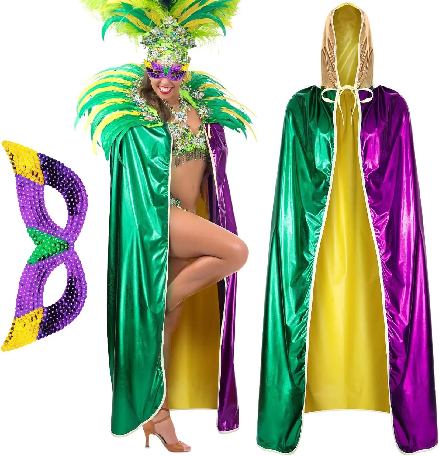 Unisex Goldener Umhang mit Mütze volle Länge Kostümmantel mit Glitter Maske Gesichtsmaske-Set für Mardi Gras Party Versorgung