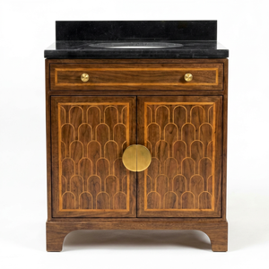 Mueble de Baño Moderno de Madera con Acabado Negro Lacado, Tiradores de Latón, Diseño Rectangular de Pie, Acabado Oscuro Contemporáneo - Product Image 1