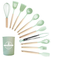 Ustensiles de cuisine en silicone de qualité alimentaire, ensemble de 12 pièces avec manches en bois de hêtre et seau de rangement pour la cuisine à domicile