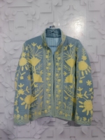 Veste courte matelassée d'hiver en velours, faite main, tricotée, broderie florale, respirante, écologique, col rond, ouverte sur le devant