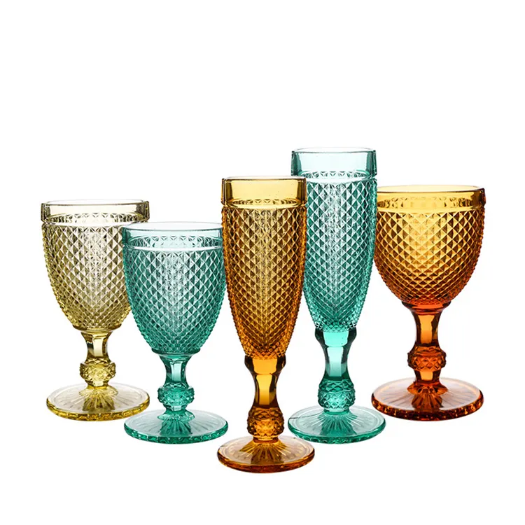 Groothandel Glaswerk Gekleurde Beker Vintage Wijn Gekleurde Glazen Bekers Verdikte Reliëf Drinken Glazen Cup