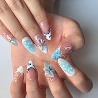 Uñas Postizas de Almendra Estilo Francés con Diseño de Mariposa y Puntas Largas, Listas para Usar, 10 Piezas, con Pegamento para Uñas