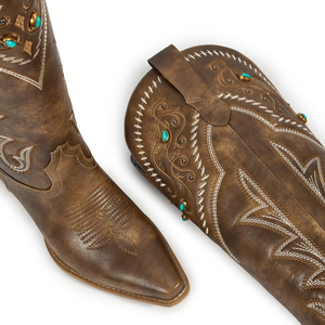 WETKISS Bottes de cowgirl western à bout pointu pour <span class=keywords><strong>femme</strong></span>, turquoise, cloutées, hauteur genou, talon épais rétro, bottes longues - Product Image 5
