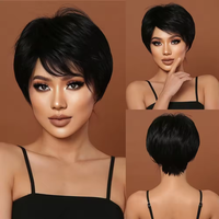 Perruques synthétiques blondes et brunes naturelles à couches droites, coupe pixie courte avec frange, brun clair, en dentelle, fabriquées à la machine pour femmes