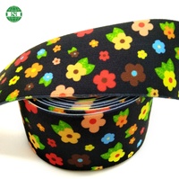 Sangle élastique à imprimé floral coloré de dessin animé, motif et taille personnalisés, bande noire, sangle en spandex à impression florale