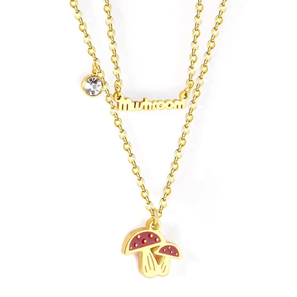 Cute Oil Drop Enamel Red Mushroom Pendant Necklaces Halloween Allergy Free Jewelry Multi Layered 316L Stainless Steel Necklace
