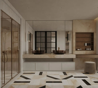 Meuble-lavabo double mural contemporain en bois massif avec vasque en marbre intégrée pour salle de bain