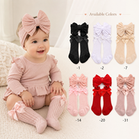 Ensemble 2 pièces personnalisé avec logo pour bébé fille : Bandeau et chaussettes hautes en maille gaufrée avec grand nœud – Accessoires pour bébé – Cadeau OEM