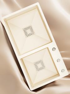 Évier de cuisine double grand format fait main en acier inoxydable épaissi blanc crème pour usage domestique - Product Image 2