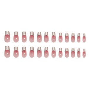 Faux ongles à presser de luxe, style French Manucure, 24 pièces, en ABS, forme Cercueil, couleur Argent Métallisé Ombré Rose Poudré, qualité salon, fabrication avancée à la machine, vente en gros - Product Image 3