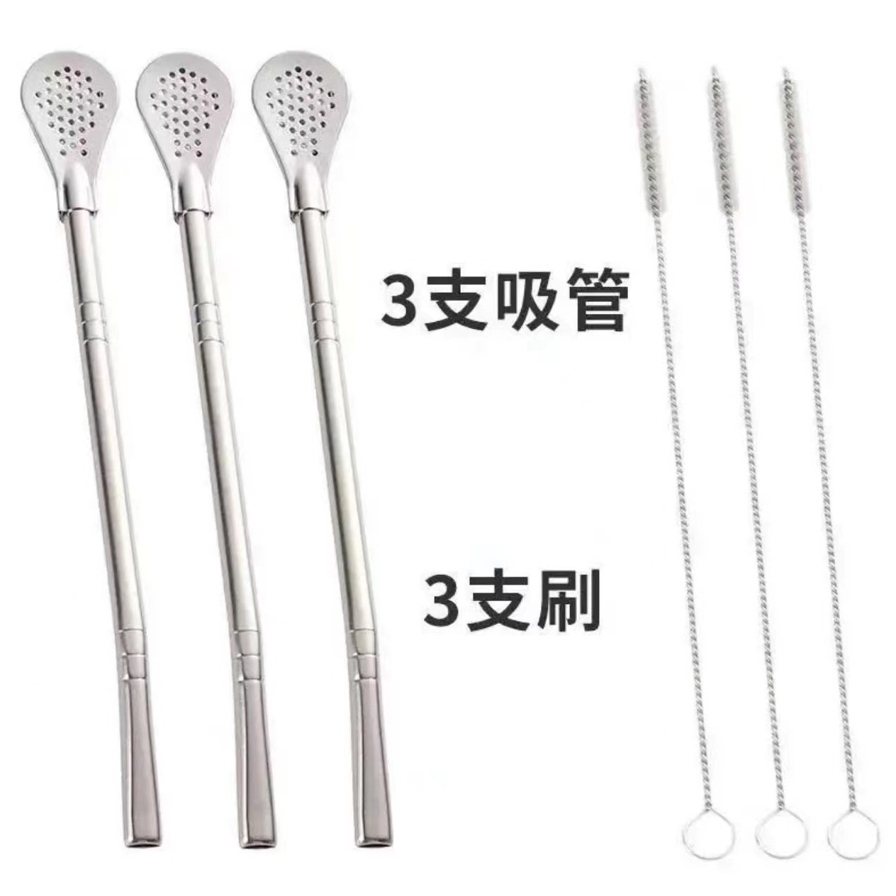Tres porciones de pajitas, cucharas y cepillos.