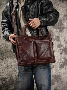 Sac à bandoulière pour ordinateur portable en cuir véritable de luxe multifonctionnel grande capacité, sac à main d'affaires pour hommes, sac de voyage - Product Image 3