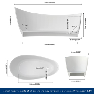 อ่างอาบน้ำแบบแช่ตัว Maydon Solid Surface สีขาว สำหรับวิลล่าและอ่างน้ำวน ขนาด 1650 มม. แบบตั้งพื้น ผลิตโดยผู้ผลิตอ่างอาบน้ำสำหรับโรงแรม - Product Image 6