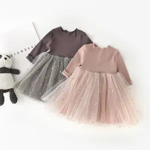 Ivy83260A Ins Baby Girls Long Sleeve Dress Kids Princess Tulle Frocks Korean Children Shinning Star Dress