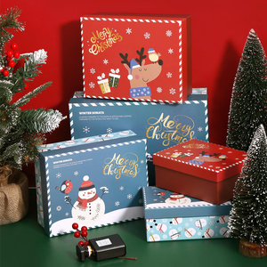 <b>Christmas</b> Gift <b>Boxes</b> Set Red Blue Rigid Paperboard With Snowman Reindeer Gold Foil Design Recyclable For Holiday Gifting - Product Image 1