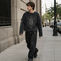 Sweat-shirt ODM pour homme, coupe oversize, en coton gaufré, couleur anthracite, effet délavé, ourlet brut, imprimé graphique, sweat-shirt court
