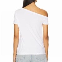 Kaos Wanita Desain Grafis Custom Grosir, Warna Polos Asimetris Off Shoulder, Bahan Katun Berkualitas Tinggi, Kaos Tebal