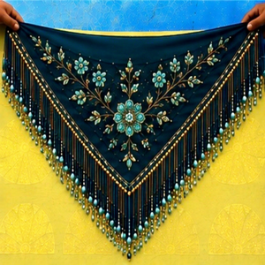 <b>Womens</b> Emerald Green Floral Embroidered Triangle <b>Shawl</b> with Beaded Fringe Gold Leaf Design Wedding Evening Shoulder Wrap & Scarf - Product Image 1