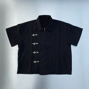 Chemise à manches courtes à rabat vintage personnalisée, motif à carreaux et à rayures, boucles en métal, chemise décontractée pour pompiers, streetwear - Product Image 3