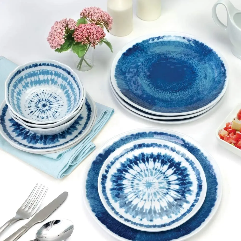 Juego de vajilla 12pcs mesa pratos conjuntos com tigela flor azul impressão restaurante usado melamina placas dinnerware conjunto