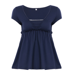 Women’s Y2K Cute Solid Color V-Neck Short Sleeve Babydoll T-<b>Shirt</b> Summer Sweet Casual Top - Product Image 6