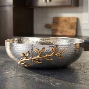 Bol à salade artisanal en acier inoxydable martelé avec poignées en forme de branche dorée, bol de service décoratif pour table à manger et cuisine - Product Image 5