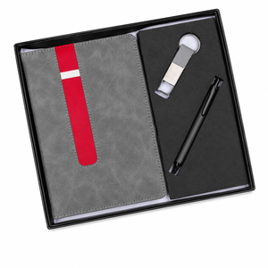 Set de Regalo Corporativo Gris Premium con un Elegante Cuaderno con Rayas Rojas, un Moderno Llavero Metálico y un Elegante Bolígrafo Negro - Product Image 1