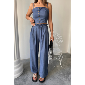 Ensemble 2 pièces d'été pour femme en indigo pour TENCEL : Crop Top & Pantalon HALVAR, Blouse sans bretelles & Short ample - Product Image 4
