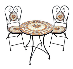 Muebles de jardín de <span class=keywords><strong>metal</strong></span> de estilo antiguo, venta al por mayor, conjunto de bistró de mosaico con mesa y sillas para decoración del hogar - Product Image 1